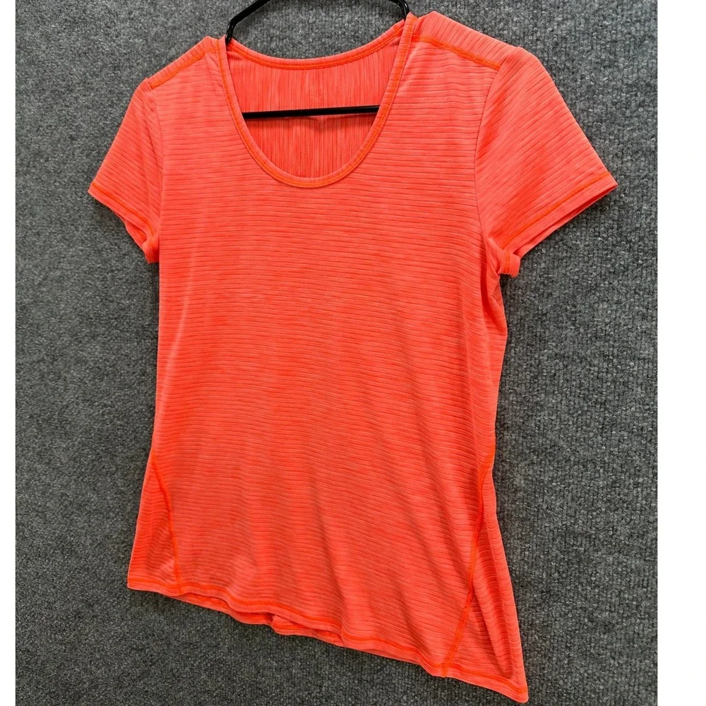 Athleta Womens Neon Coral Orange Ribbed Asymmetrical Hem Short Sleeve Tee Top, S - Picture 2 of 9